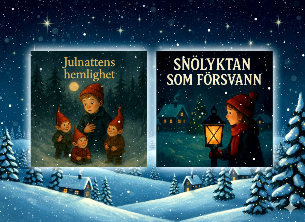 Julkollage med två julsagor, "Julnattens hemlighet" och "Snölyktan som försvann" på Bananradion.