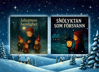 Julkollage med två julsagor, "Julnattens hemlighet" och "Snölyktan som försvann" på Bananradion.