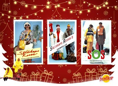 Julkollage med tre Lasse Åberg-filmer: Sällskapsresan, Sällskapsresan 2 – Snowroller och SOS – En segelsällskapsresa.