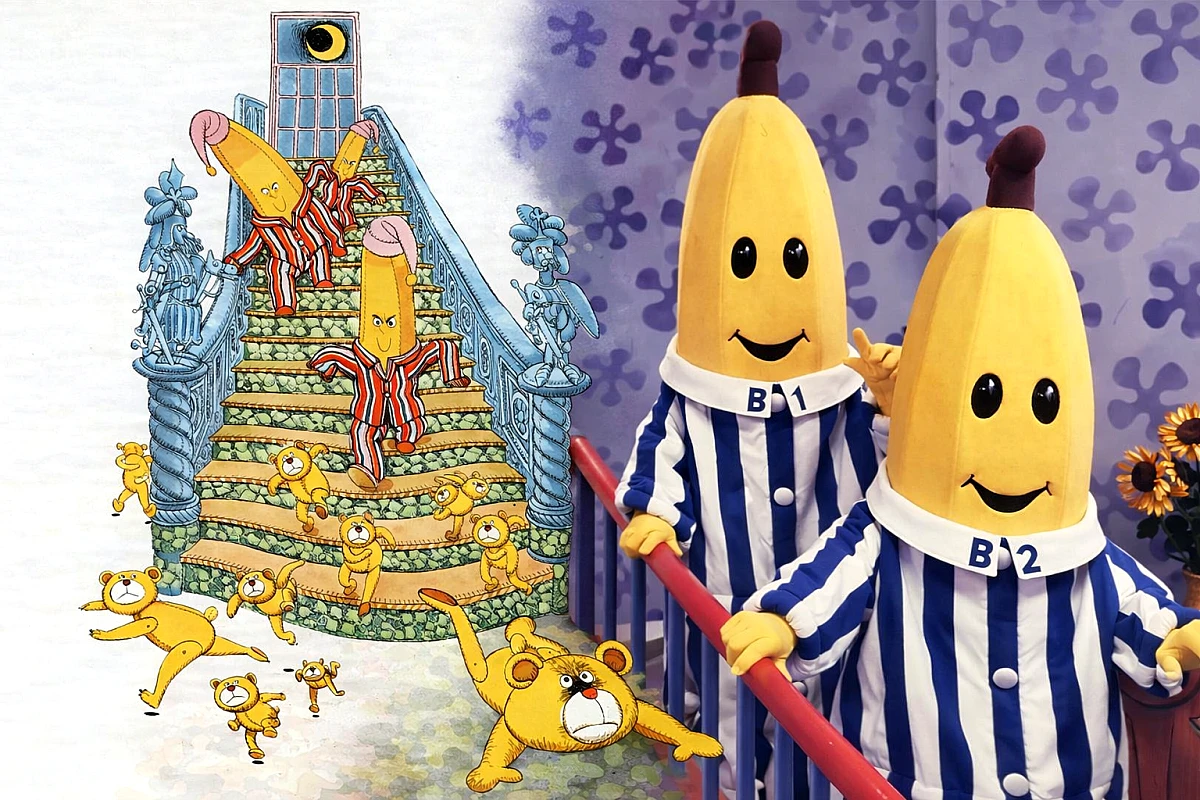 Montage av Bananerna i pyjamas: boken till vänster (rödvitrandiga) och TV-serien till höger (blåvitrandiga).