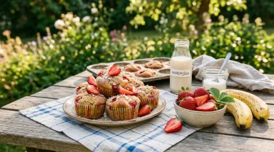 Banan- och jordgubbsmuffins