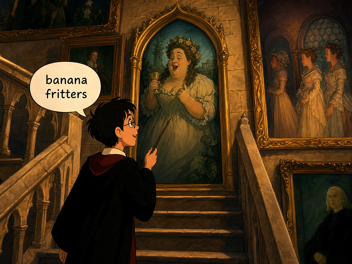 Tecknad bild av Harry Potter framför tavlan med Fat Lady.