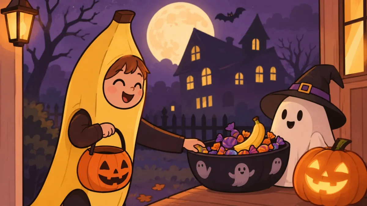 Tecknad Halloweenbild med ett barn i banandräkt, ett glatt spöke och en godisskål vid en lysande pum
