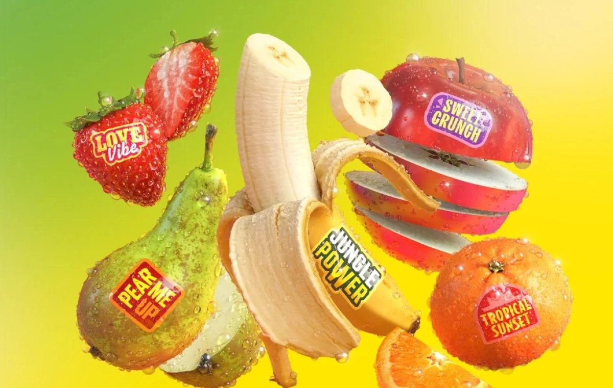 Flera frukter - Banan, äpple, päron, jordgubbe och apelsin.