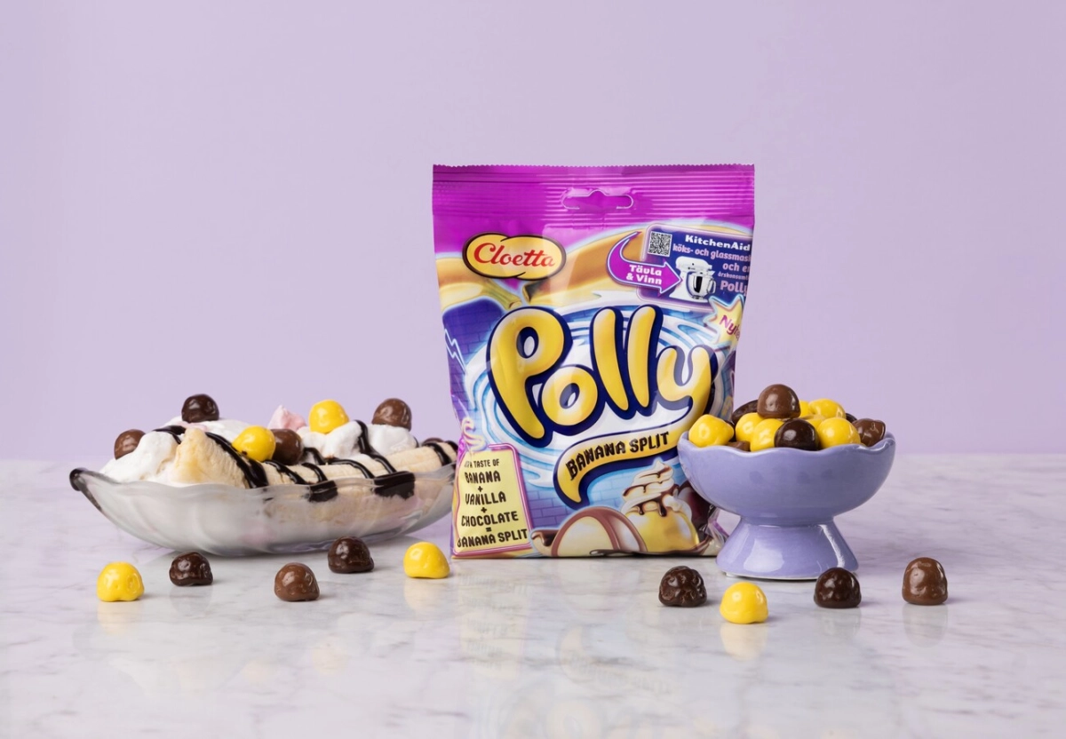 En påse med Polly Banana Split från Cloetta.